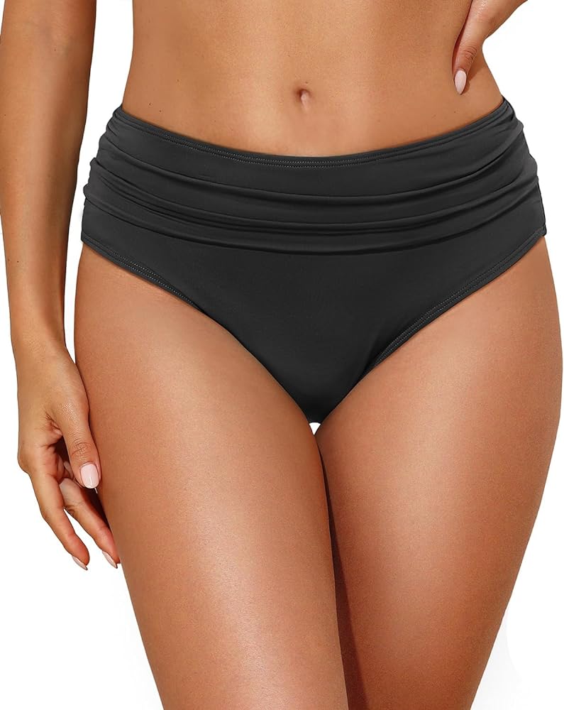 Tempt Me Women Mid Rise Bikini Bottoms Full Coverage Swimsuit Ruched Scrunch Swim Bottom