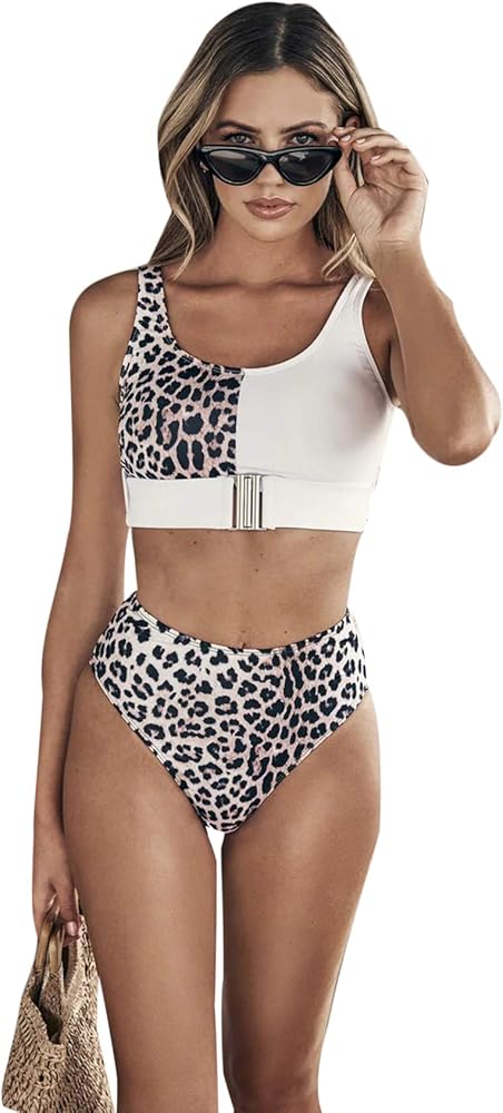 Floerns Women's High Waist Leopard Bikini Buckle Front Two Piece Cheetah Swimsuit