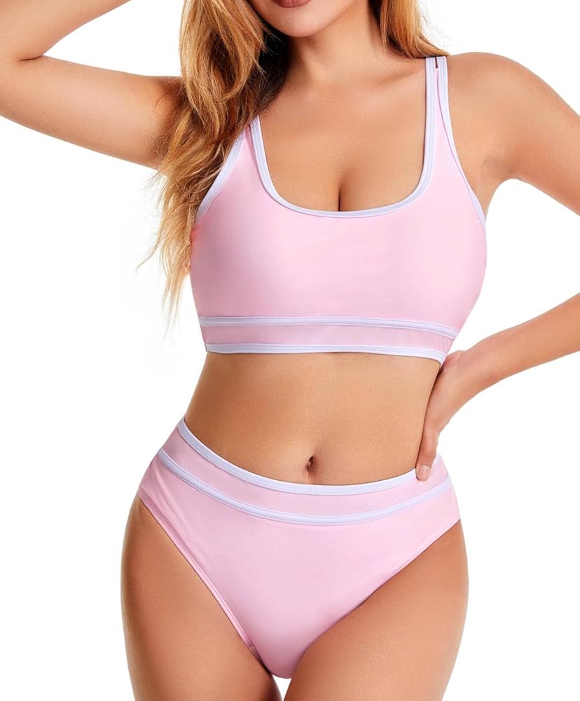 Women's Sporty Two Piece Swimsuits High Waisted Athletic Bikini Sets for Women Color Block Bathing Suit with Bottoms