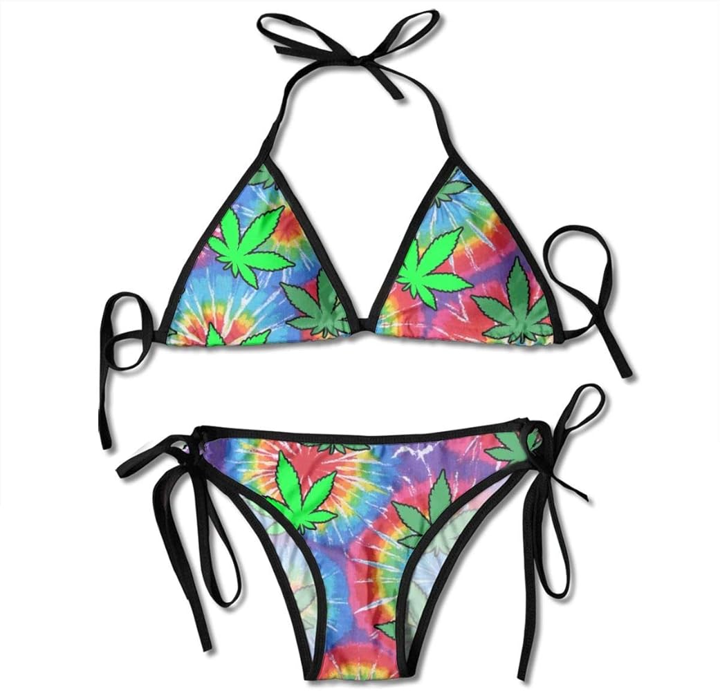 Tie Dye Pot Leaf Weeds Swimsuits Bikinis Thong Set Swimsuit for Beach Beach Swimming Black