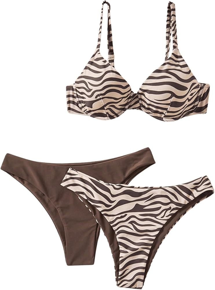 Floerns Women's 3 Piece Zebra Print Push Up Strappy Beachwear Bikini Swimsuit