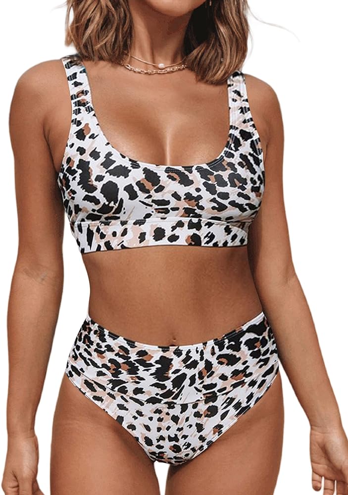 Hilinker Women's Leopard Print Swimsuits High Waisted Bikini Set 2 Piece Bathing Suits