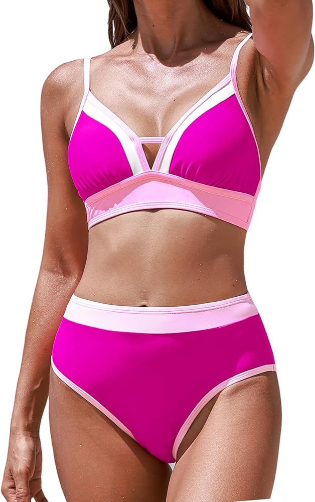 CUPSHE Women's Bikini Sets Two Piece Swimsuits High Waisted Color Block V Neck Adjustable Straps Cheeky