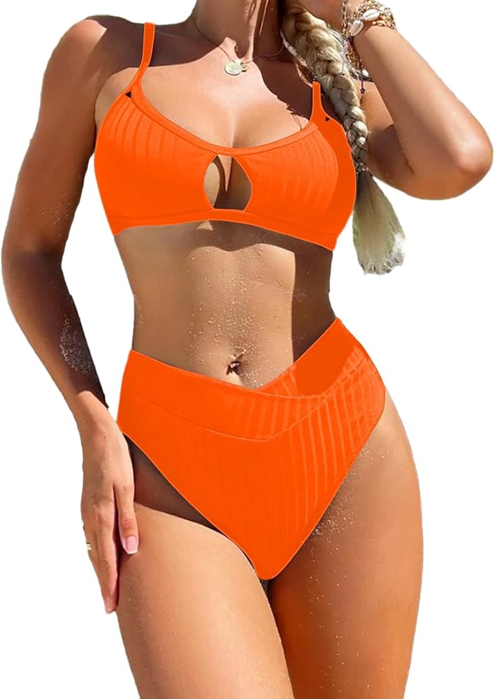 Lilosy Sexy High Waisted Cutout Ribbed V Cut Bikini Set 2 Piece Swimsui