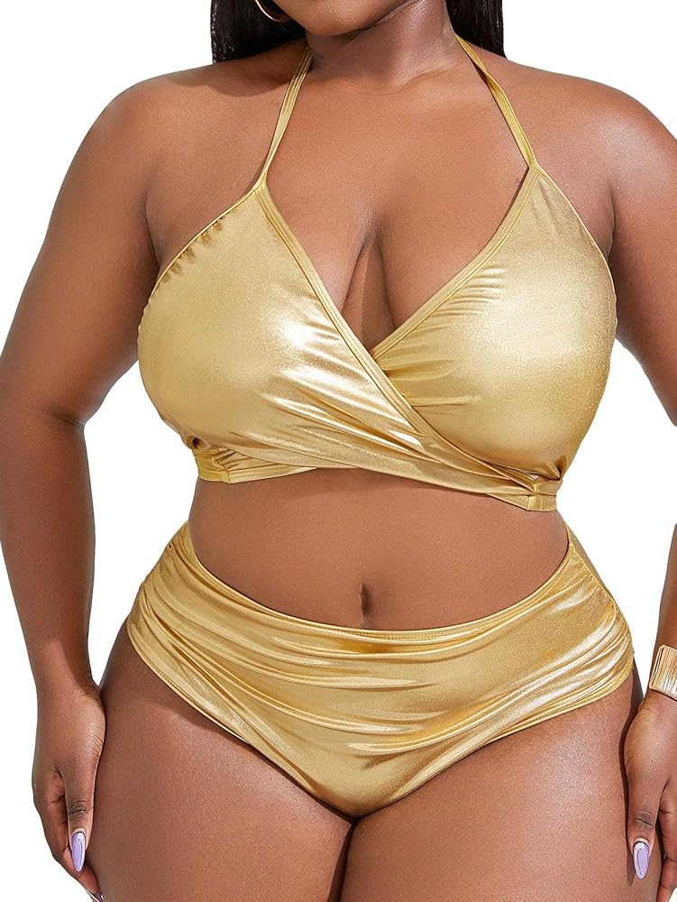 MakeMeChic Women's Plus Size 2 Piece Shiny Metallic Bikini Set Halter Triangle Swimsuit Bathing Suit