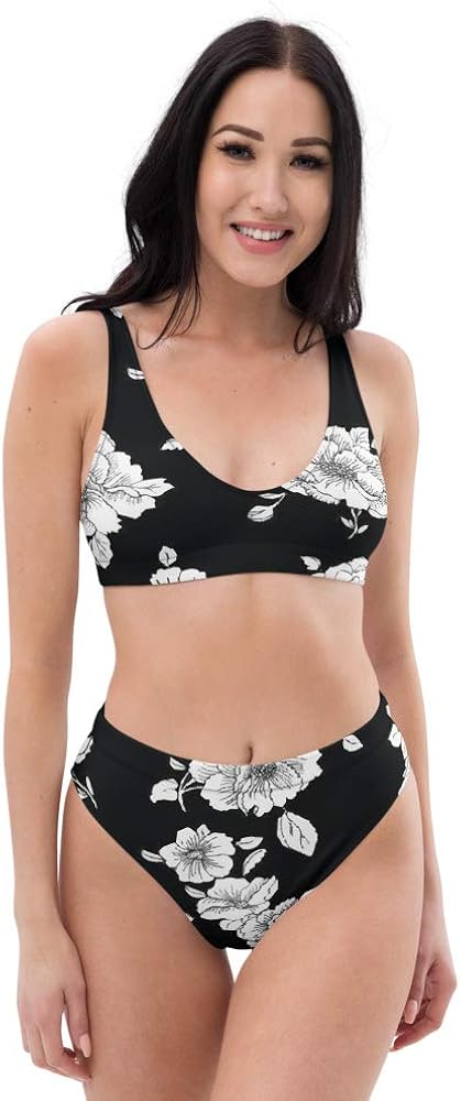 Recycled High Waisted Bikini Set for Women Floweret Flower Black White