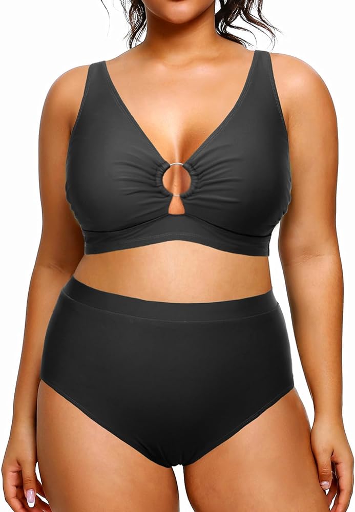 Tempt Me Women Plus Size High Waisted Bikini Sets Two Piece Swimsuits O Ring Cutout Tummy Control Bathing Suits