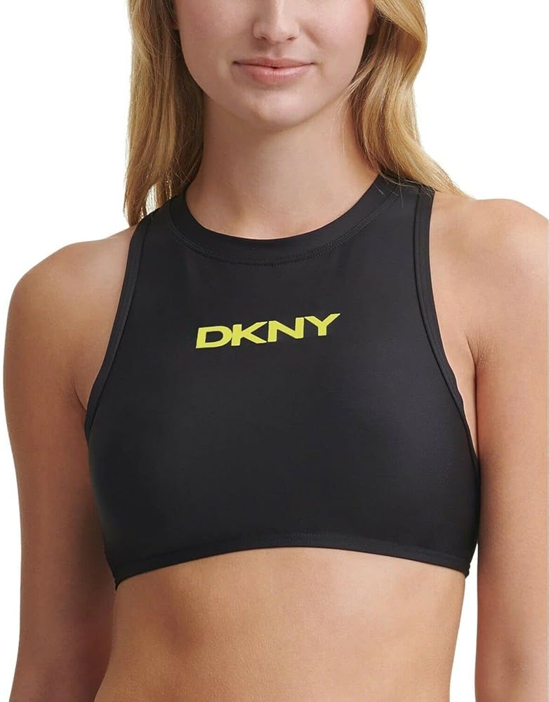 DKNY Women’s Racerback Zip Logo Bikini Swim Top Black US X-Large