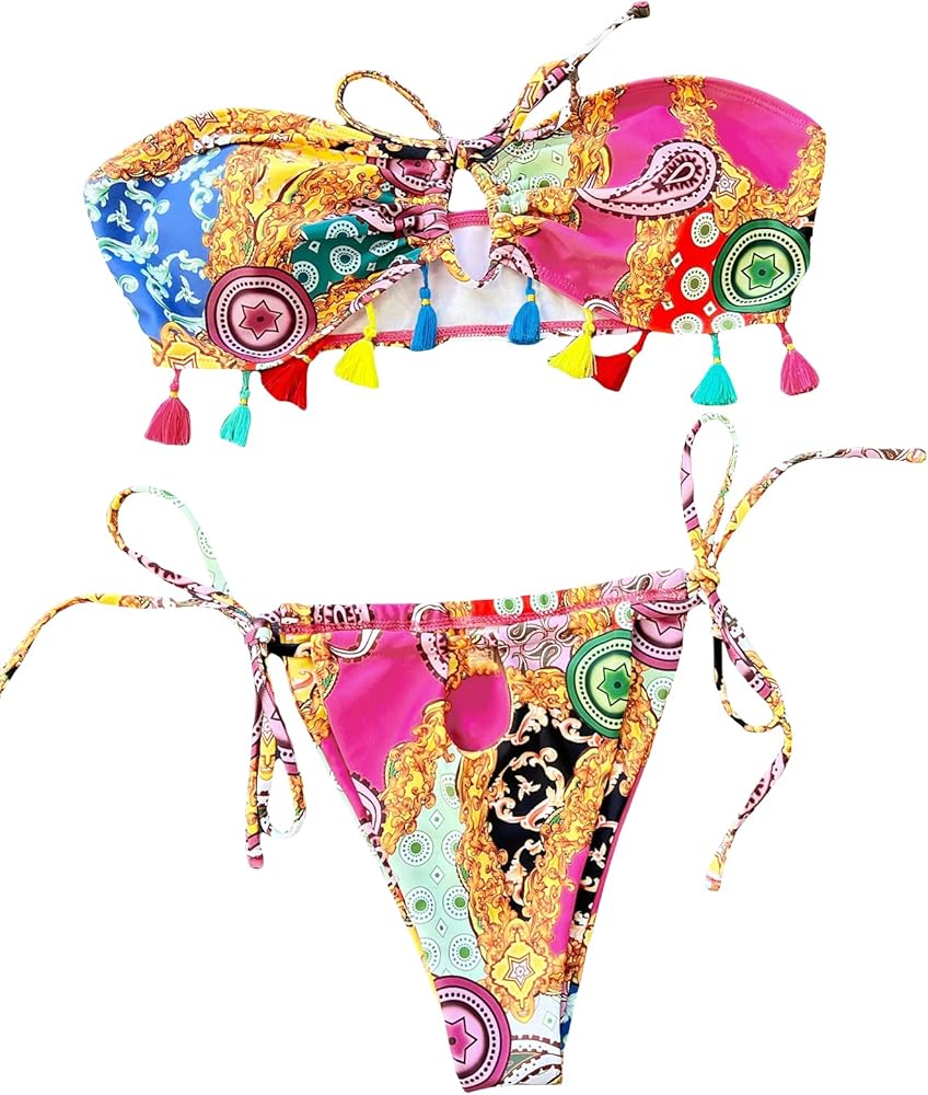 WDIRARA Women's Cutout Print Bandeau Top and Tie Side Bikini Set 2 Piece Sexy Swimsuits