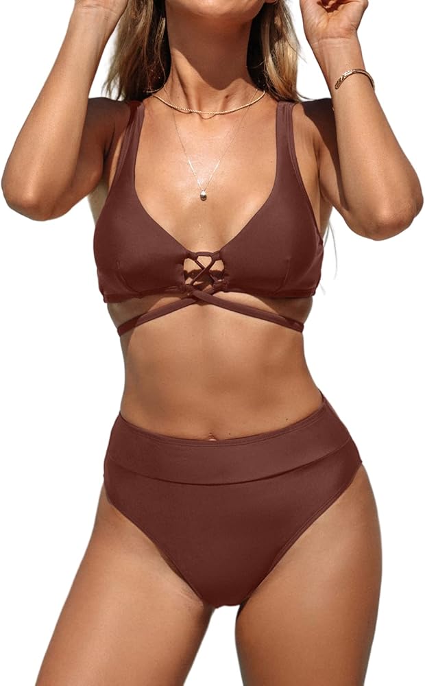 CUPSHE Women Bikini Set Two Piece Swimsuit V Neck Back Tie High Waisted Bottom