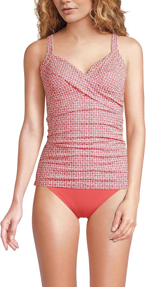 Lands' End Womens Chlorine Resistant Underwire Wrap Tankini Top Living Coral Geo Regular 18