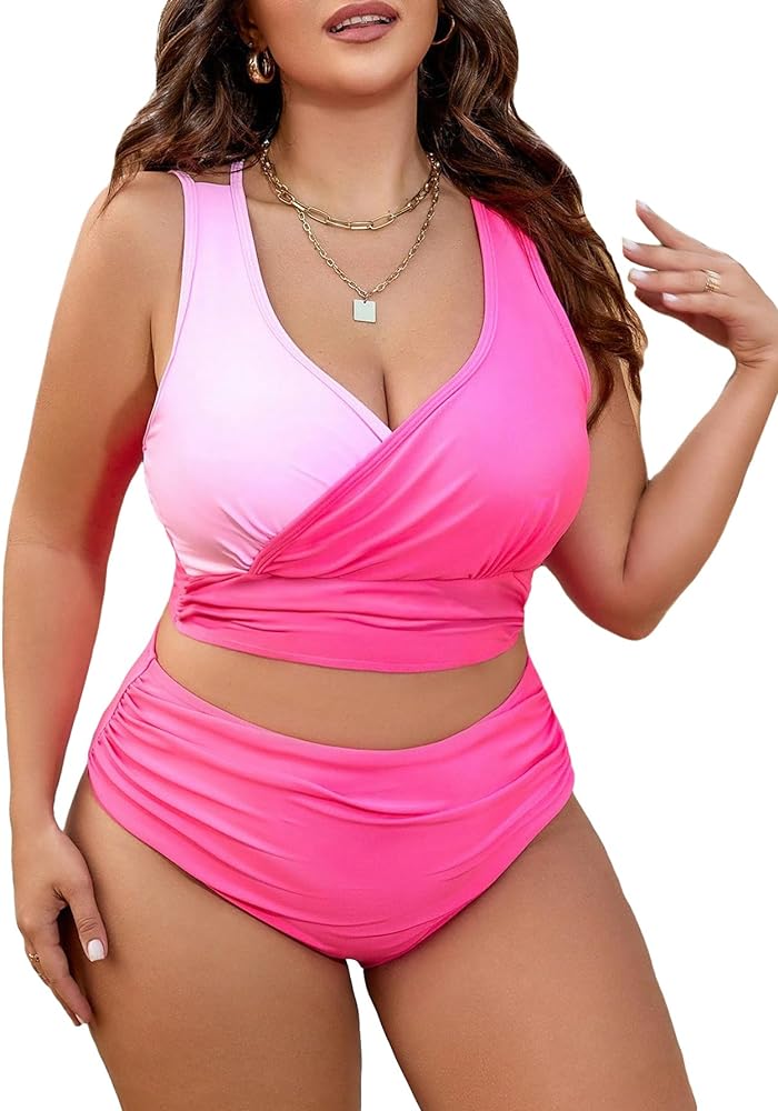 SOLY HUX Women's Plus Size Color Block Swimsuit V Neck Wrap Ruched High Waisted Bikini Sets Two Piece Bathing Suits