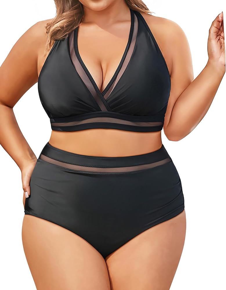 Tempt Me Women Plus Size Bikini High Waisted Swimsuits Mesh Tummy Control Two Piece Bathing Suit