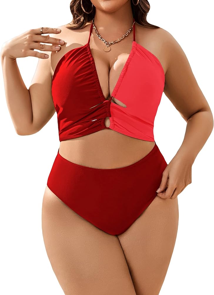 MakeMeChic Women's Plus Size 2 Piece Swimsuit Color Block Ruched Halter High Waisted Bikini Set