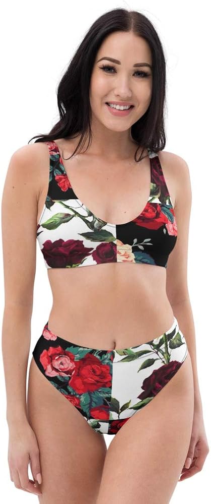 Recycled High Waisted Bikini Set for Women Botanic Crossed Black Lush Red Rose