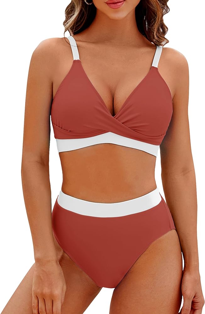 BMJL Women's High Waisted Bikini Sets V Neck Two Piece Swimsuit Color Block Twist Front Bathing Suits