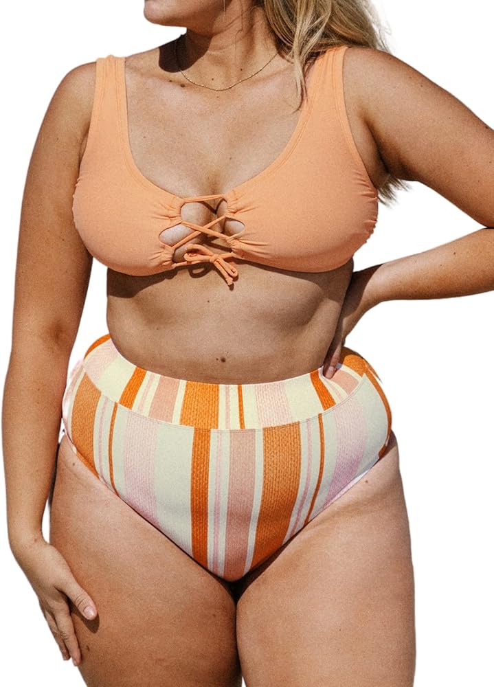 CUPSHE Plus Size Bikini Set Women Swimsuit Two Piece Swimsuit Lace Up Tank Top Striped High Waisted Bottom