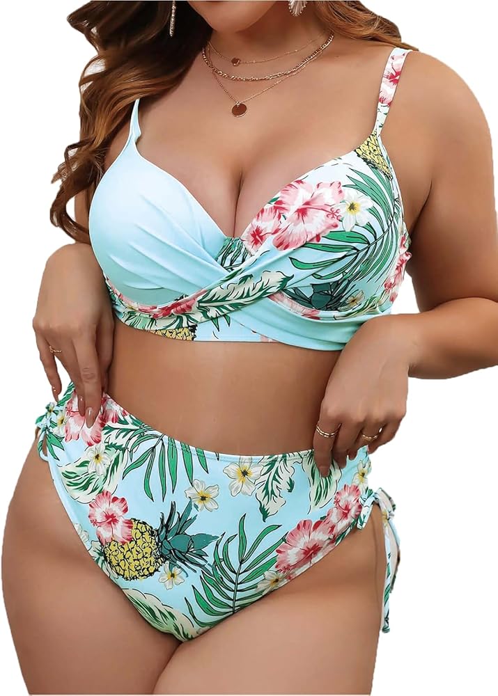 Womens Plus Size Bikini Sexy High Waisted Swimsuits Floral Cross Top Two Piece Bathing Suit Tummy Control