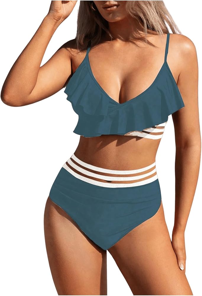 MakeMeChic Women's 2 Piece Mesh Bikini Set Ruffle High Waist Ruched Swimsuit V Neck Bathing Suit