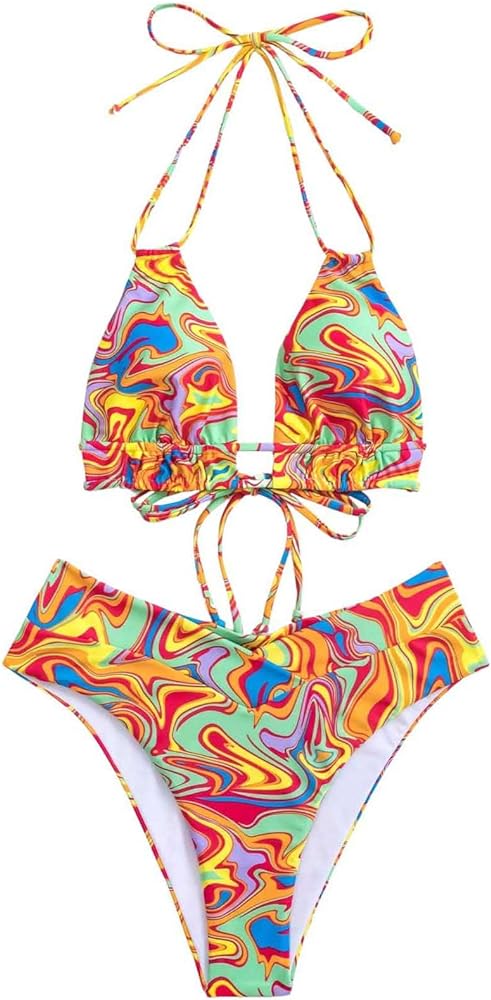 Floerns Women's 2 Piece Allover Print Halter High Waist V Cut Triangle Bikini Sets