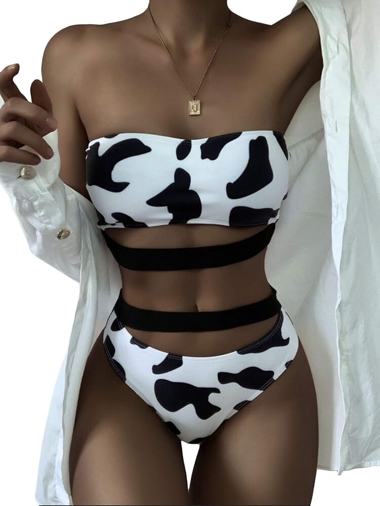 Women's Cow Print Bikini Set Bathing High Waisted Swimsuits Bandeau Tube Top Rave Festivals