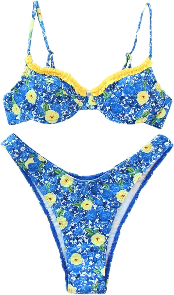 Floerns Women's Floral Frill Trim Underwire High Cut Two Piece Bikini Swimsuit