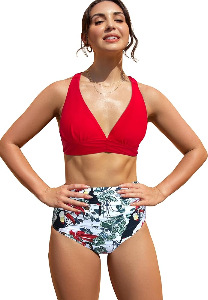 Women High Waisted Swimsuit Halter Triangle Bikini Mold Cup Swimwear Push Up Bathing Suit