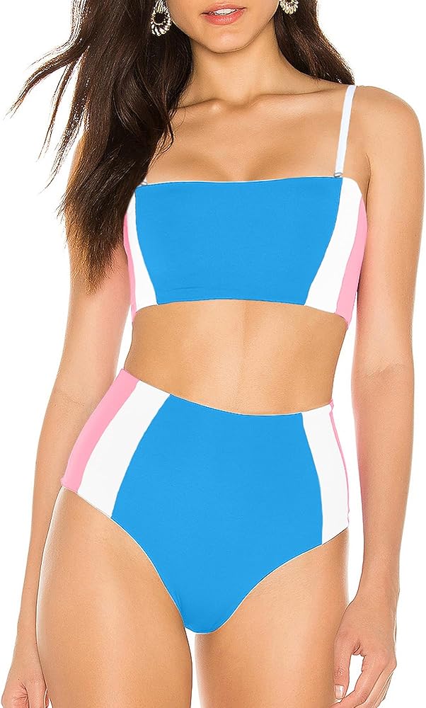 Womens High Waisted Bikini Sets Color Block 2 Piece Swimsuit Sports Tummy Control Bathing Suit Teens Girls