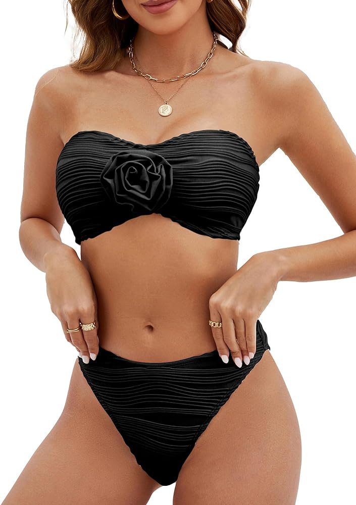 2 Piece High Cut Swimsuits for Women Ribbed Bandeau 3D Floral Bikini Sets Cheeky Strapless Lace Up Bathing Suit