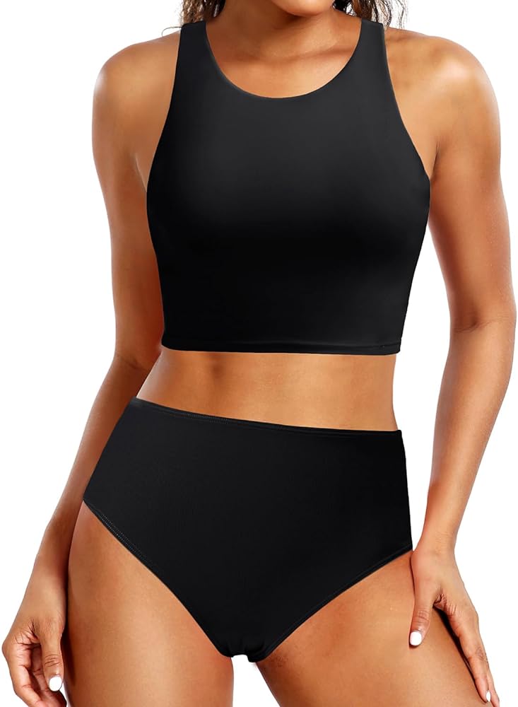 Yonique Women High Waisted Bikini Two Piece Swimsuit Crop Bathing Suits Sporty Swimwear Bikini Set