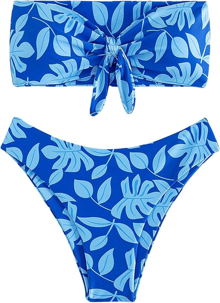 SOLY HUX Women's Bandeau Tie Front Tropical Print Bikini Set Bathing Suits 2 Piece Swimsuit