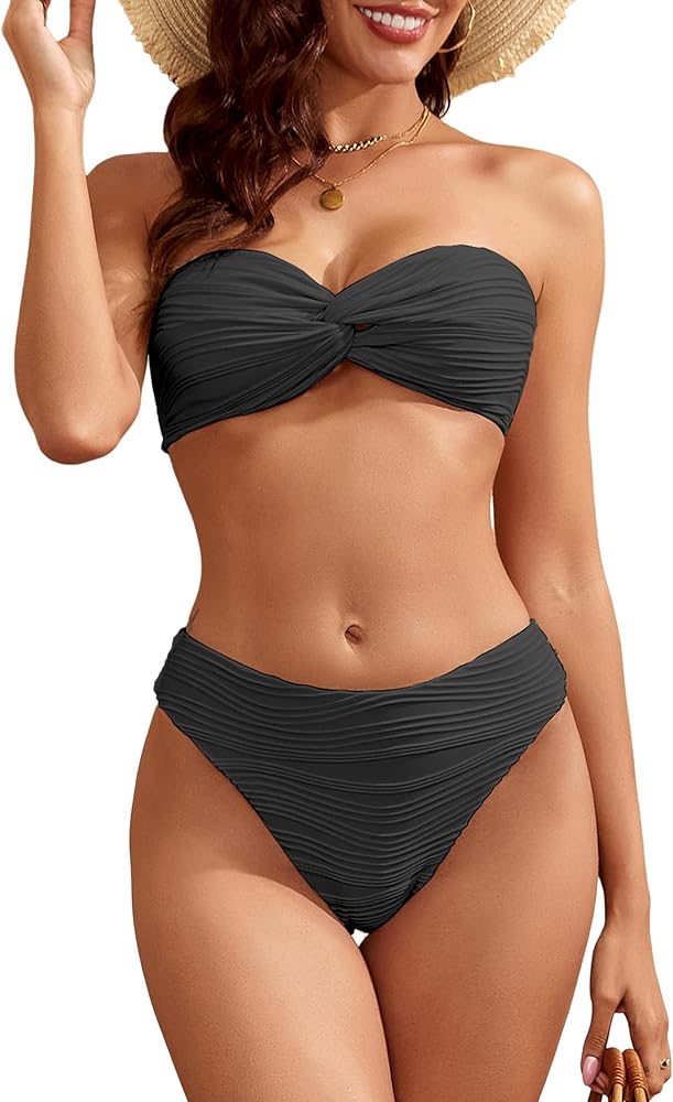 ZAFUL Women's Strapless Twist Bandeau Bikini 2 Piece Swimwear Cheeky Solid Lace up Bathing Suits(2-Dark Gray,L)