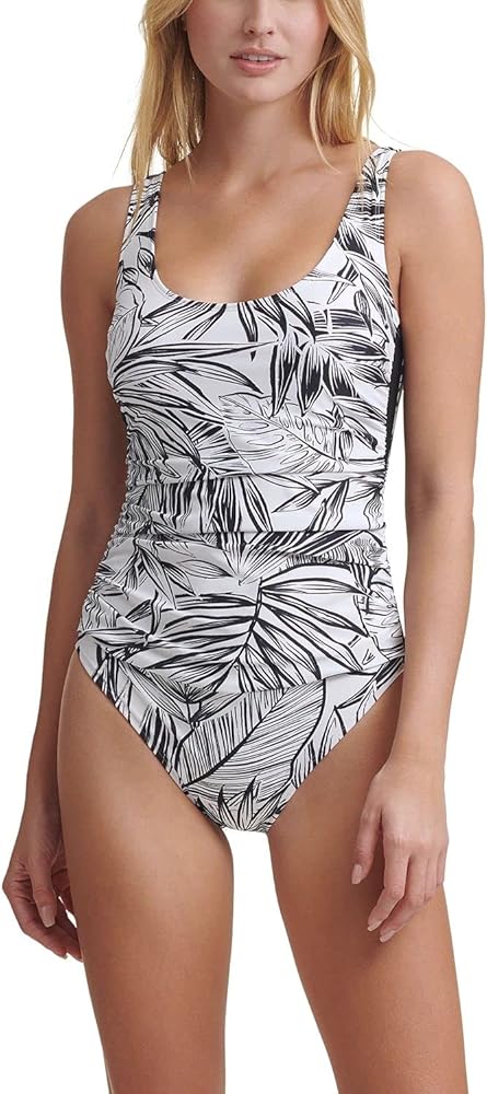 DKNY Womens Palm Scoop Neck Swimsuit, White Palm 4