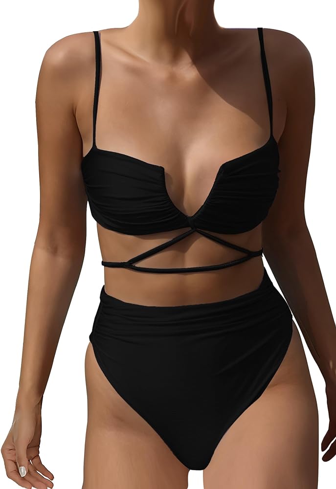 HYTENSUN Women's V Wired High Waisted Bikini Ruched High Cut Two Pieces Swimsuit Bathing Suits