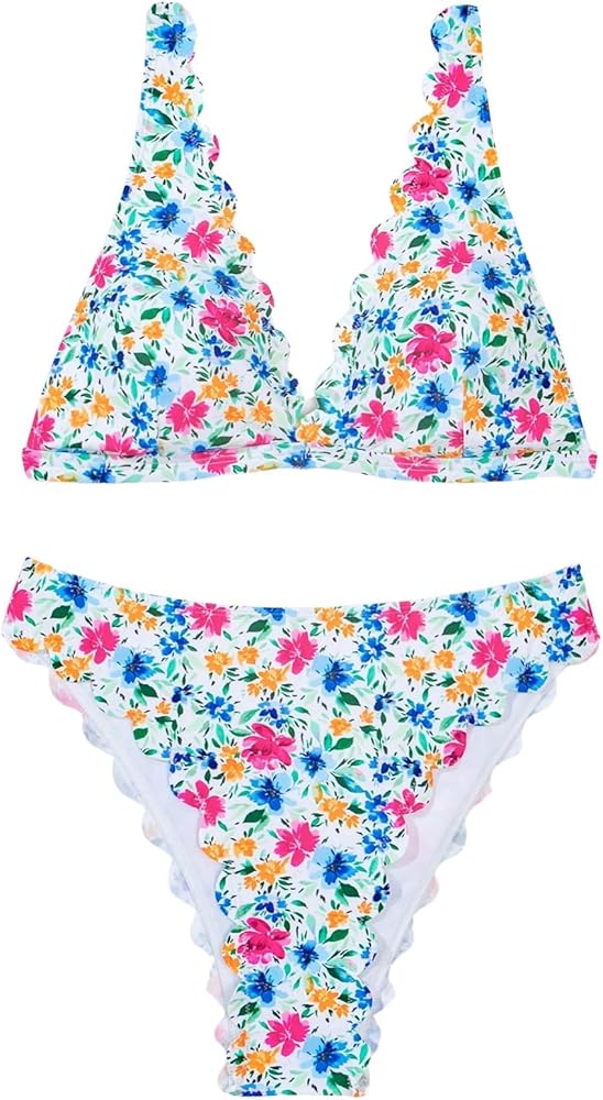 SOLY HUX Bikini Sets for Women Floral Print Scallop Trim Swimsuit Two Piece Bathing Suits