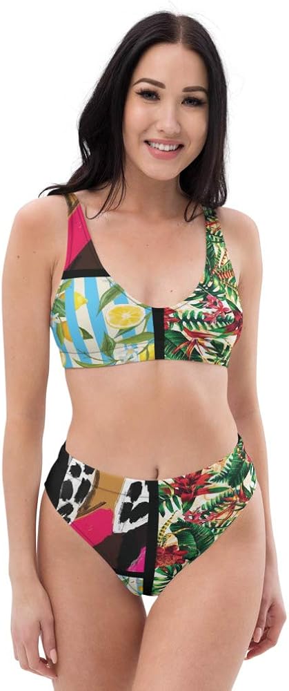 Recycled High Waisted Bikini Set for Women Blossom Tropical Patchwork Floral