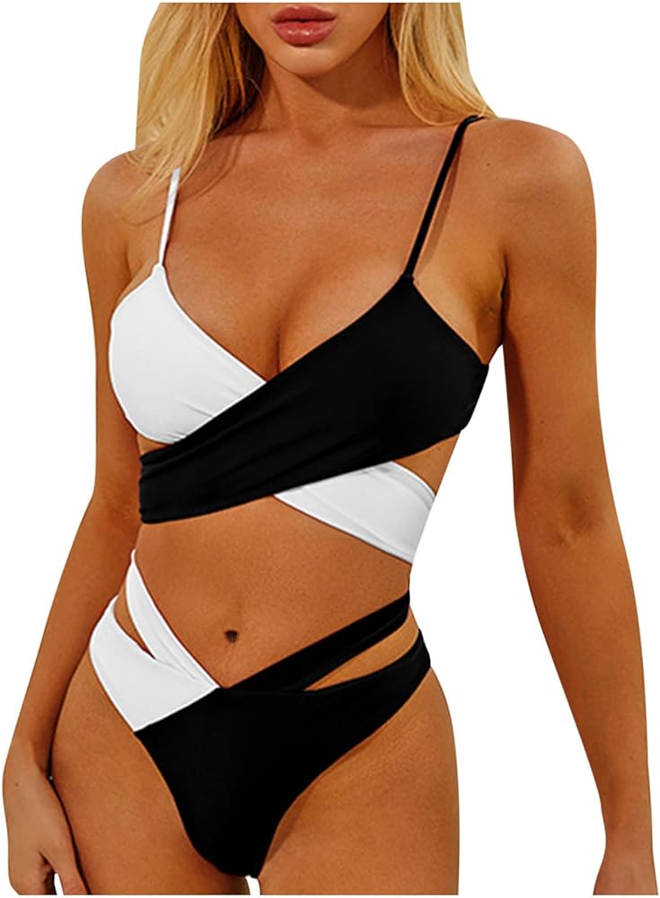 Color Block Bikini Sets for Womens, Two Piece Cut Out Swimsuits Criss Cross Bathing Suits High Waist Sexy Swimwear