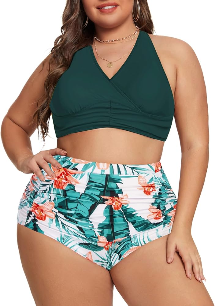 Women's Plus Size Halter V Neck Bikini Swimsuits High Waisted Ruched Tummy Control Swimwear