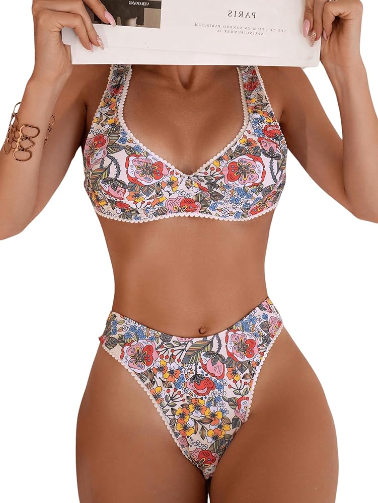 Milumia Women's 2 Piece Floral Print Swimsuits Knot Back Underwire High Cut Bikini Sets