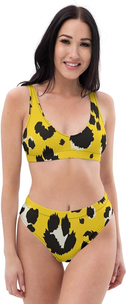 Recycled High Waisted Bikini Set for Women Yellow Solid Leopard Skin Style