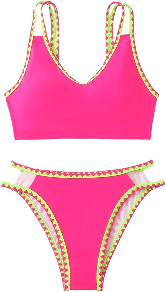 OYOANGLE Women's 2 Piece Bikini Set Summer Sleeveless Colorblock Bikini Set High Cut Bathing Suit 2 Piece Beach Swimwear