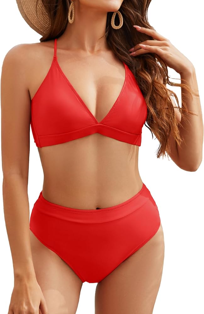 Women High Waisted Bikini Sets Two Piece Criss Cross Back V Neck Bathing Suits High Cut Swimsuits