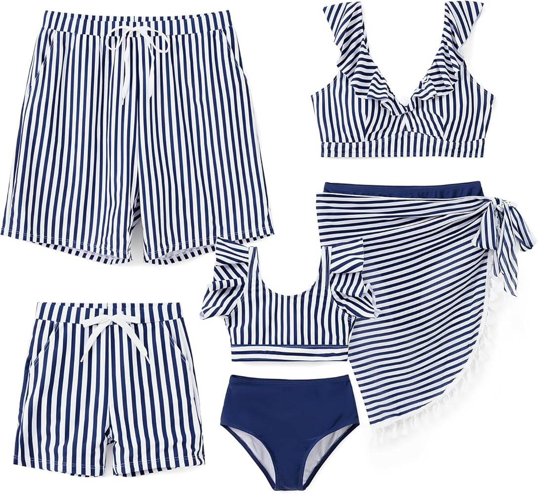 PATPAT Family Matching Swimwear Ruffles 3 Piece Swimsuits for Women and Swim Trunks for Men