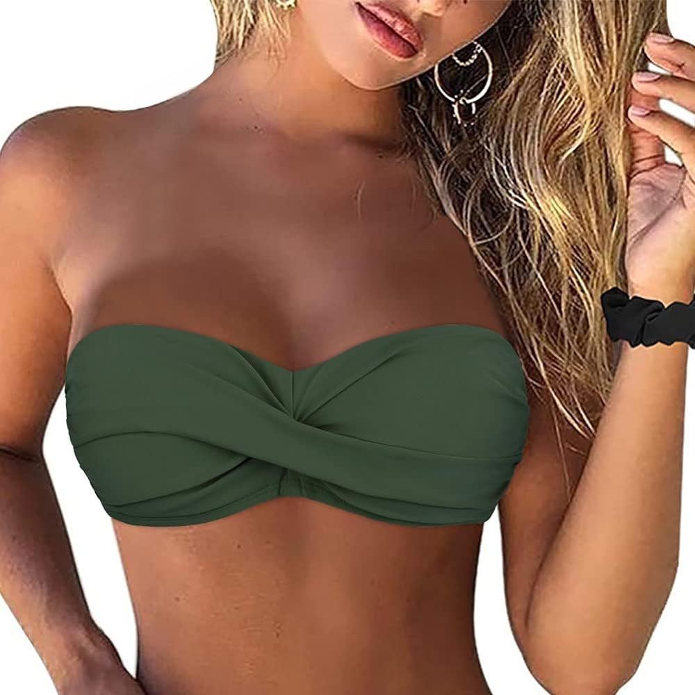 Firpearl Women Strapless Bikini Tops Retro Twist Front Bathing Suit Tops Push Up Bandeau Swimsuit