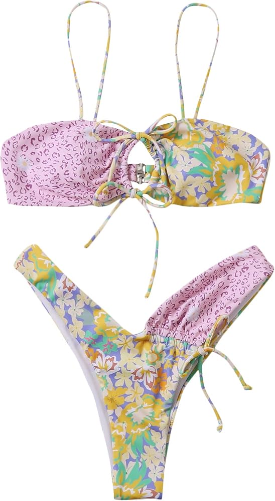 SOLY HUX Women's Floral Print Tie Front High Cut Bikini Bathing Suit 2 Piece Swimsuits