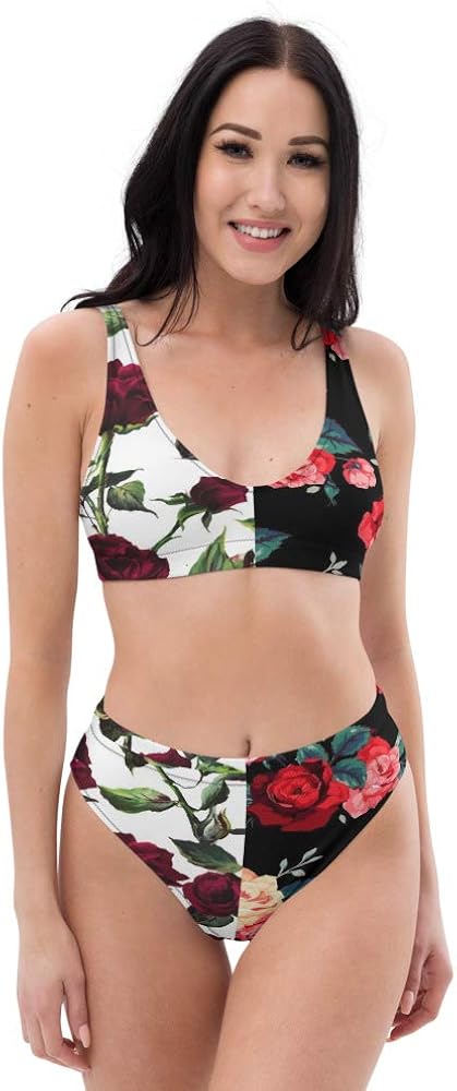 Recycled High Waisted Bikini Set for Women Botanic Half Black Lush Red Rose