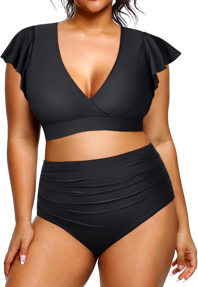 Daci Women Plus Size Bikini Set Two Piece Swimsuits High Waisted Tummy Control Ruffle Bathing Suits