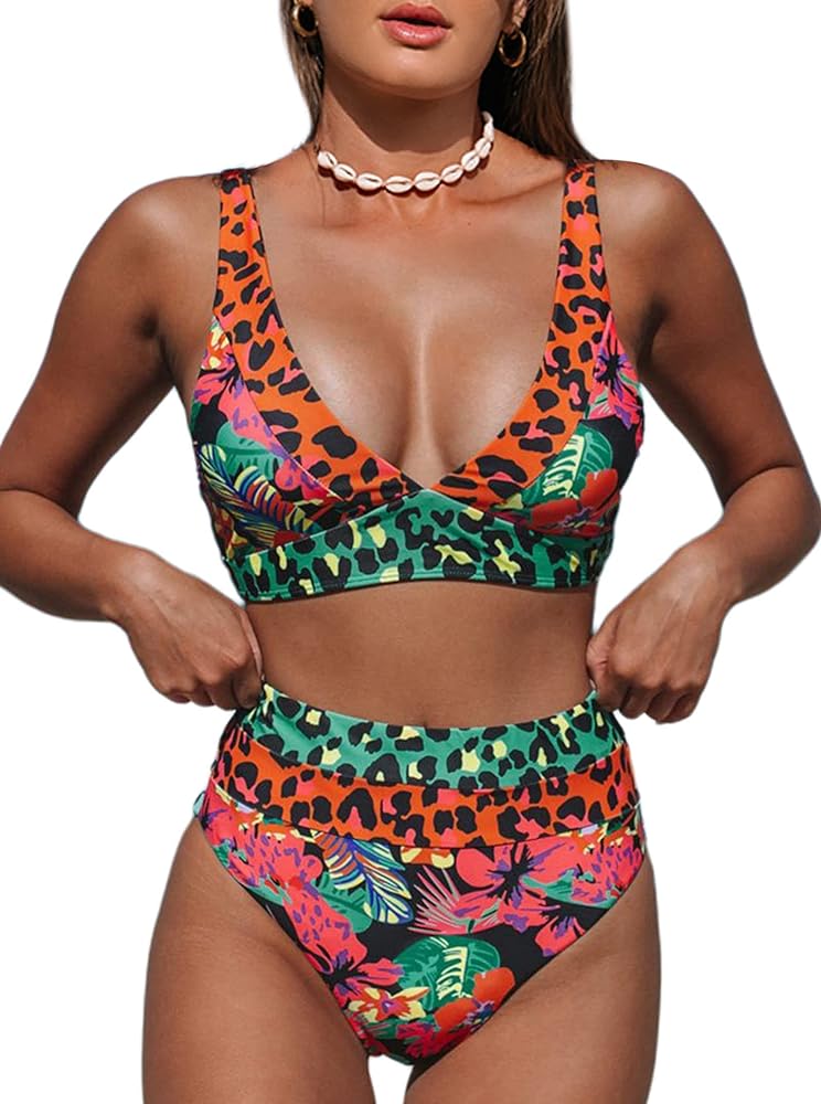 Hilinker Women's Leopard Bikini Swimsuits V Neck High Waisted 2 Piece Bathing Suits