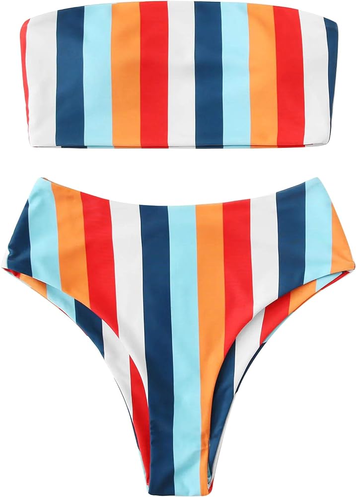 SweatyRocks Women's Bathing Suits Striped Bandeau Bikini high Waisted Swimsuits Swimwear Set