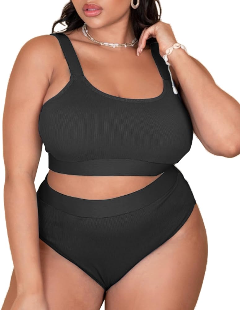 ZINPRETTY Plus Size High Waisted Bikini Set Womens Swimsuit Cheeky Two Piece Sports Color Block Bathing Suit Large Bust